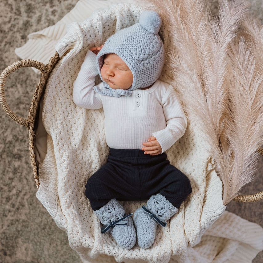 Blue Merino Wool Knitted Bonnet & Bootie Set