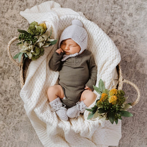 Grey Merino Wool Bonnet & Bootie Set