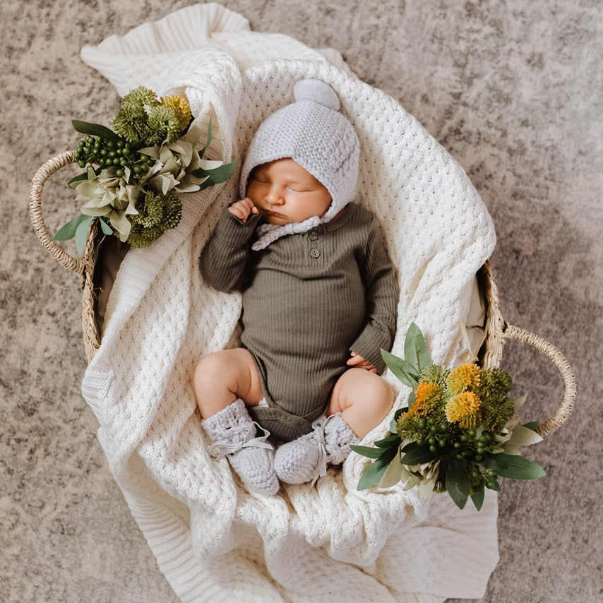 Grey Merino Wool Bonnet & Bootie Set