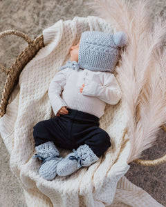 Blue Merino Wool Knitted Bonnet & Bootie Set