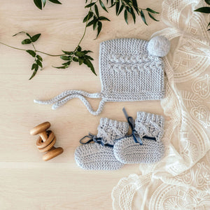 Blue Merino Wool Knitted Bonnet & Bootie Set