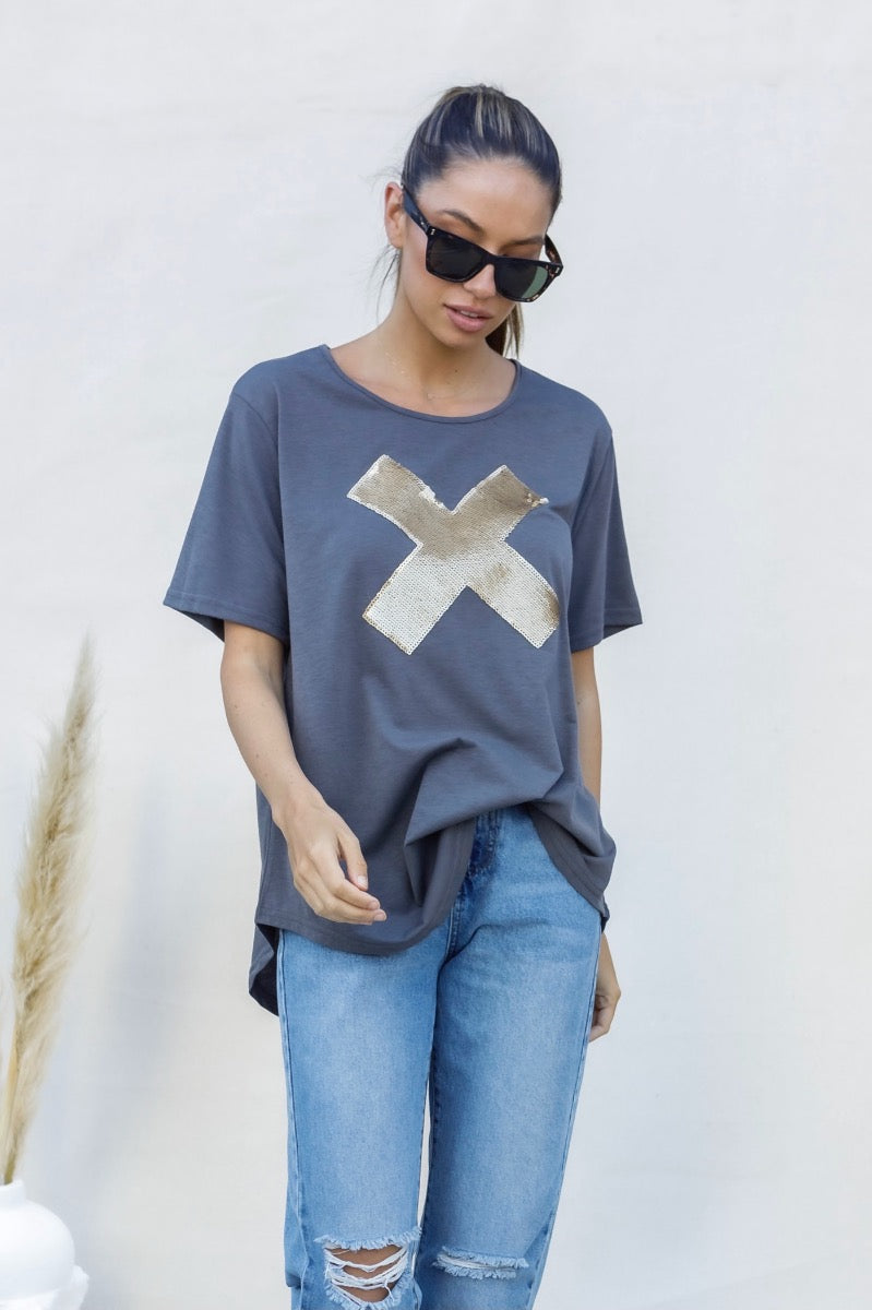 Xavier Bamboo Cotton Sequin Tee - Gunmetal/Gold