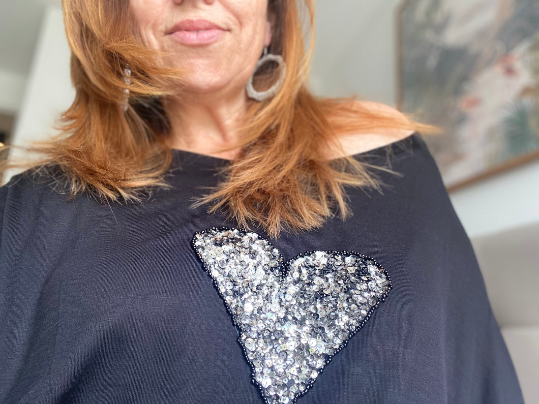 Adine Undone - Glitter Heart Tee - Black