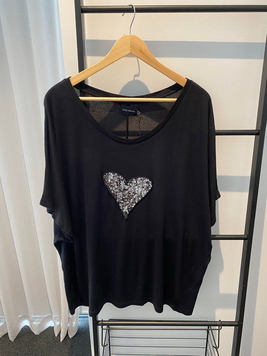 Adine Undone - Glitter Heart Tee - Black