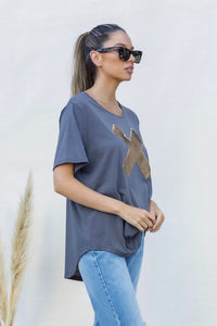 Xavier Bamboo Cotton Sequin Tee - Gunmetal/Gold